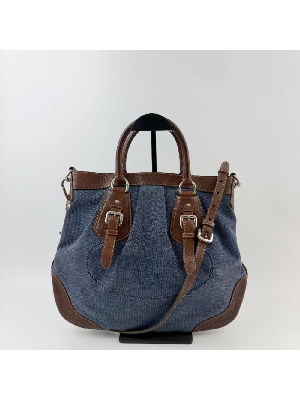 Prada Logo Jacquard Buckle 2-Way Shoulder Bag Canvas Leather Blue Brown Silver